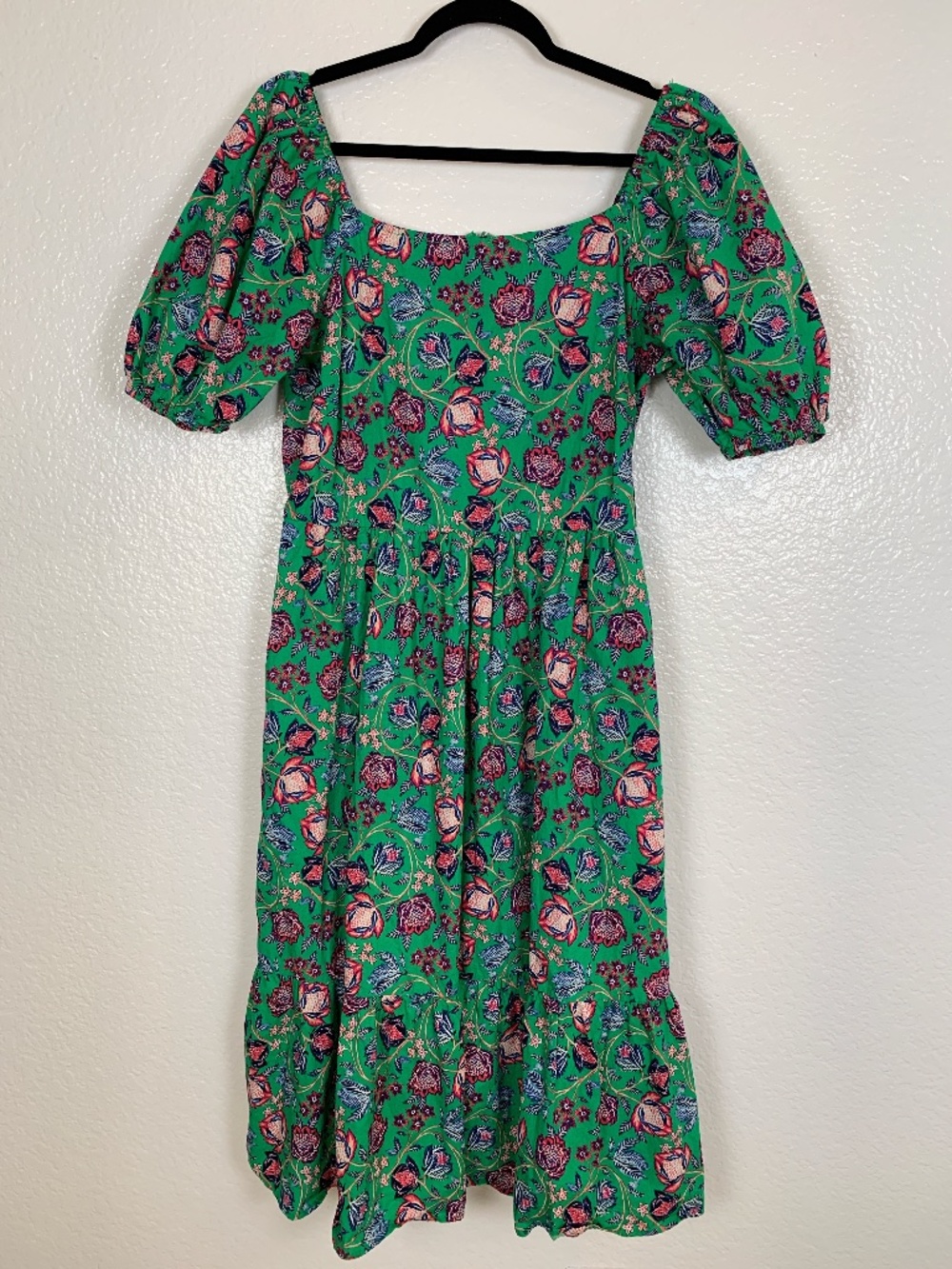 Falling Flowers Green Floral Midi Dress XL Cottagecore Puff Sleeve Smocked Back